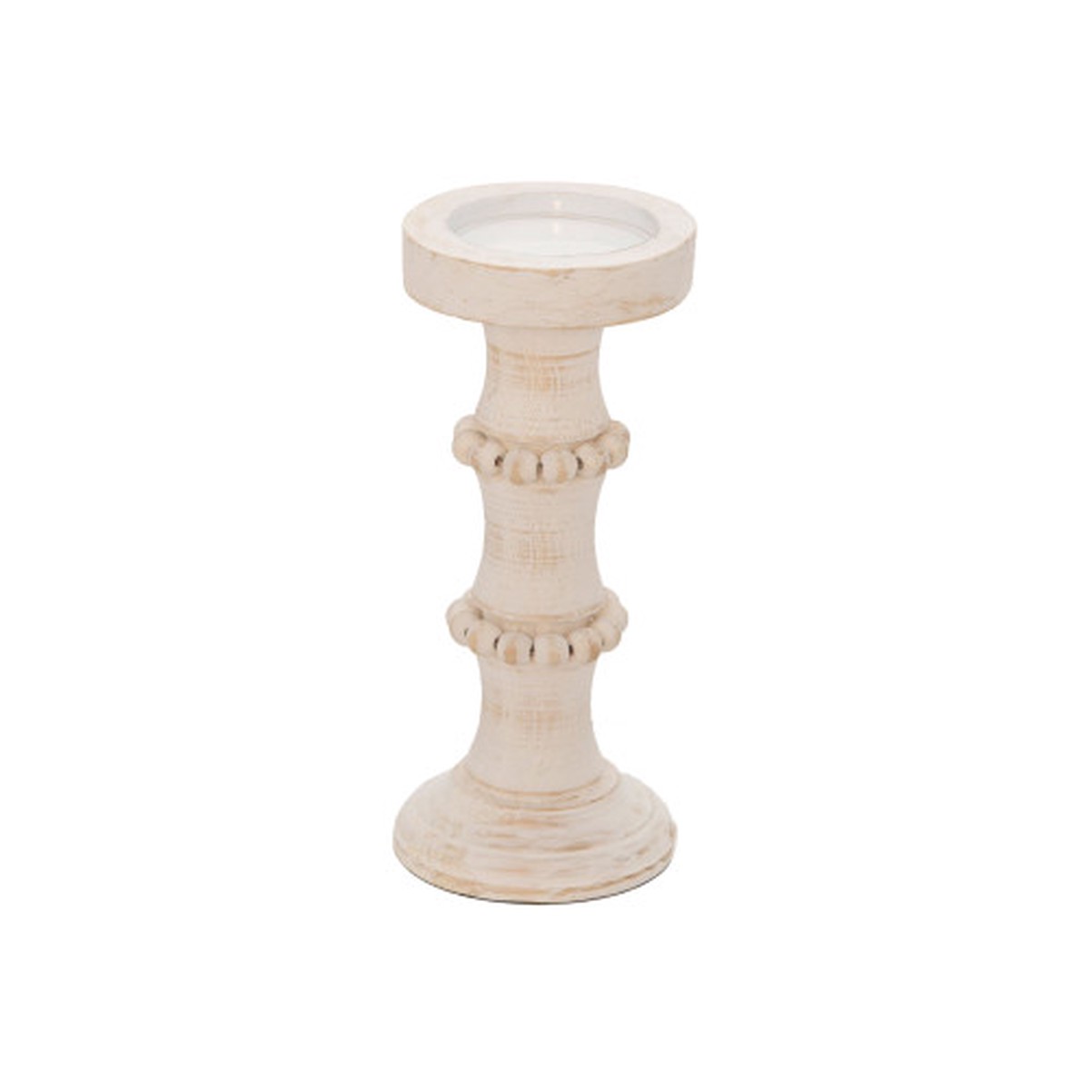11" White and Beige Banded Bead Candle Holder