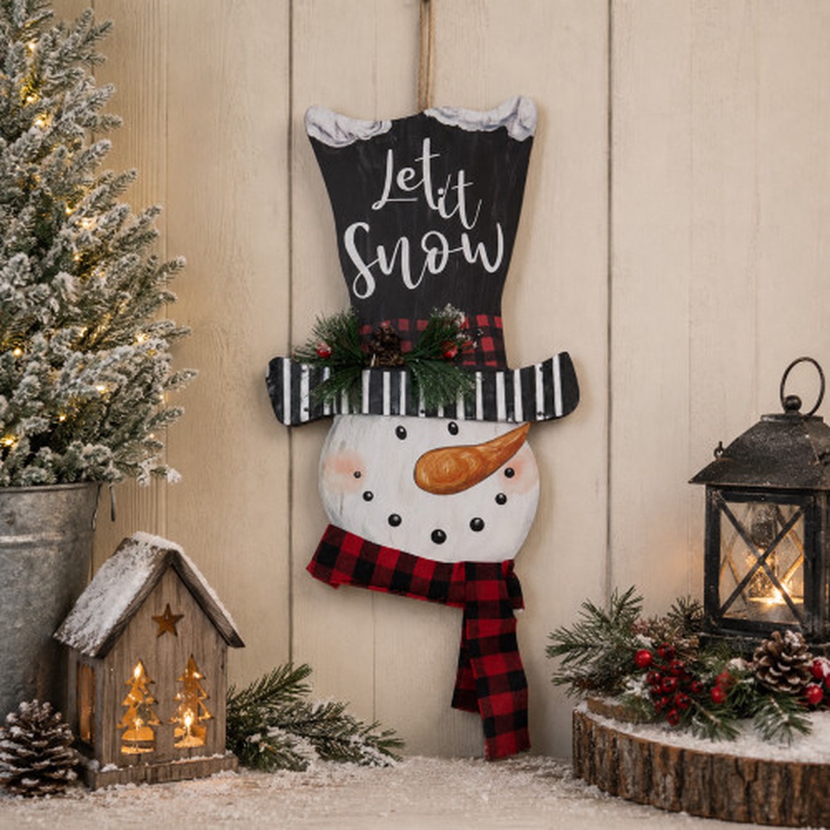 17" Wooden 'Let it Snow' Snowman with Plaid Scarf Christmas Wall Sign