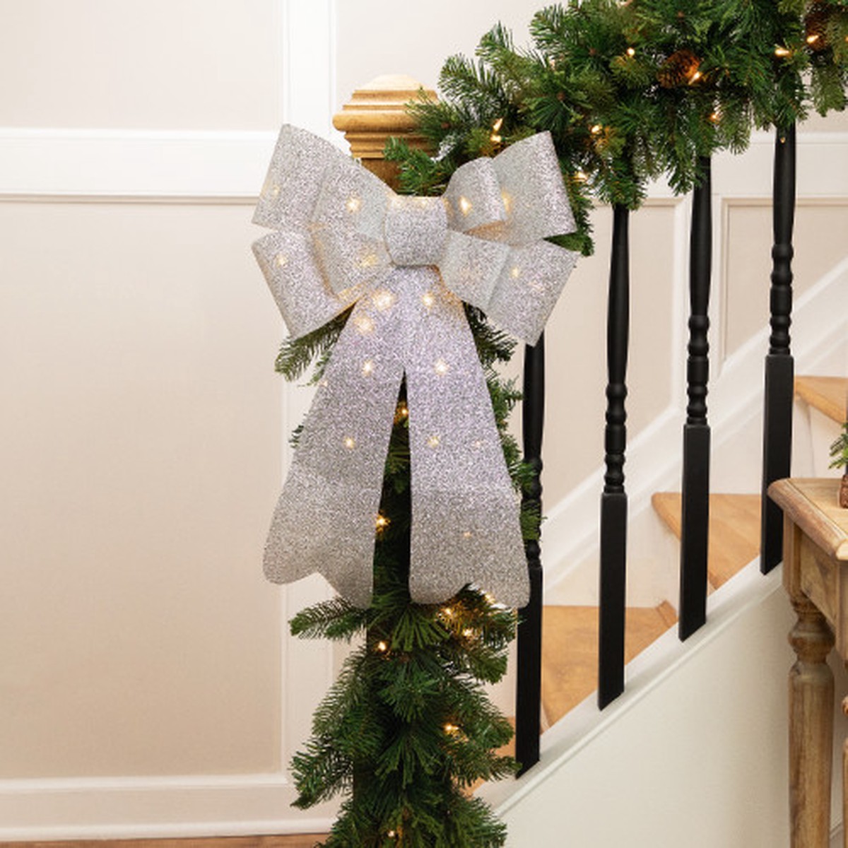 24" LED Lighted Sparkling Metallic Tinsel Bow Christmas Decoration - Silver