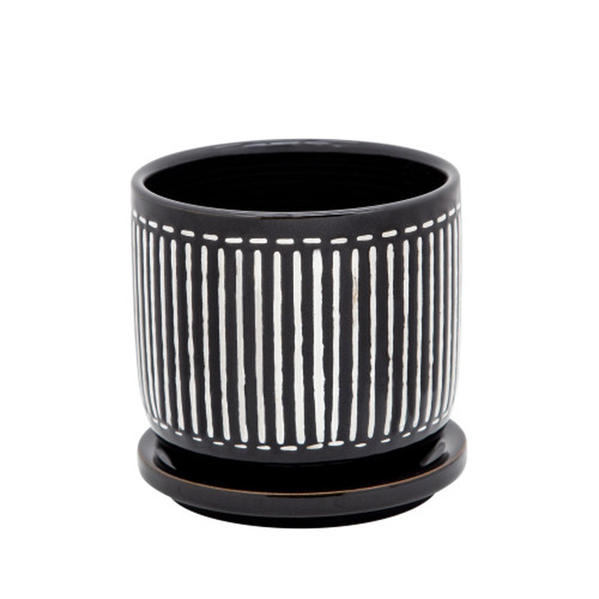 5" Black Vertical Lines Ceramic Planter with Saucer