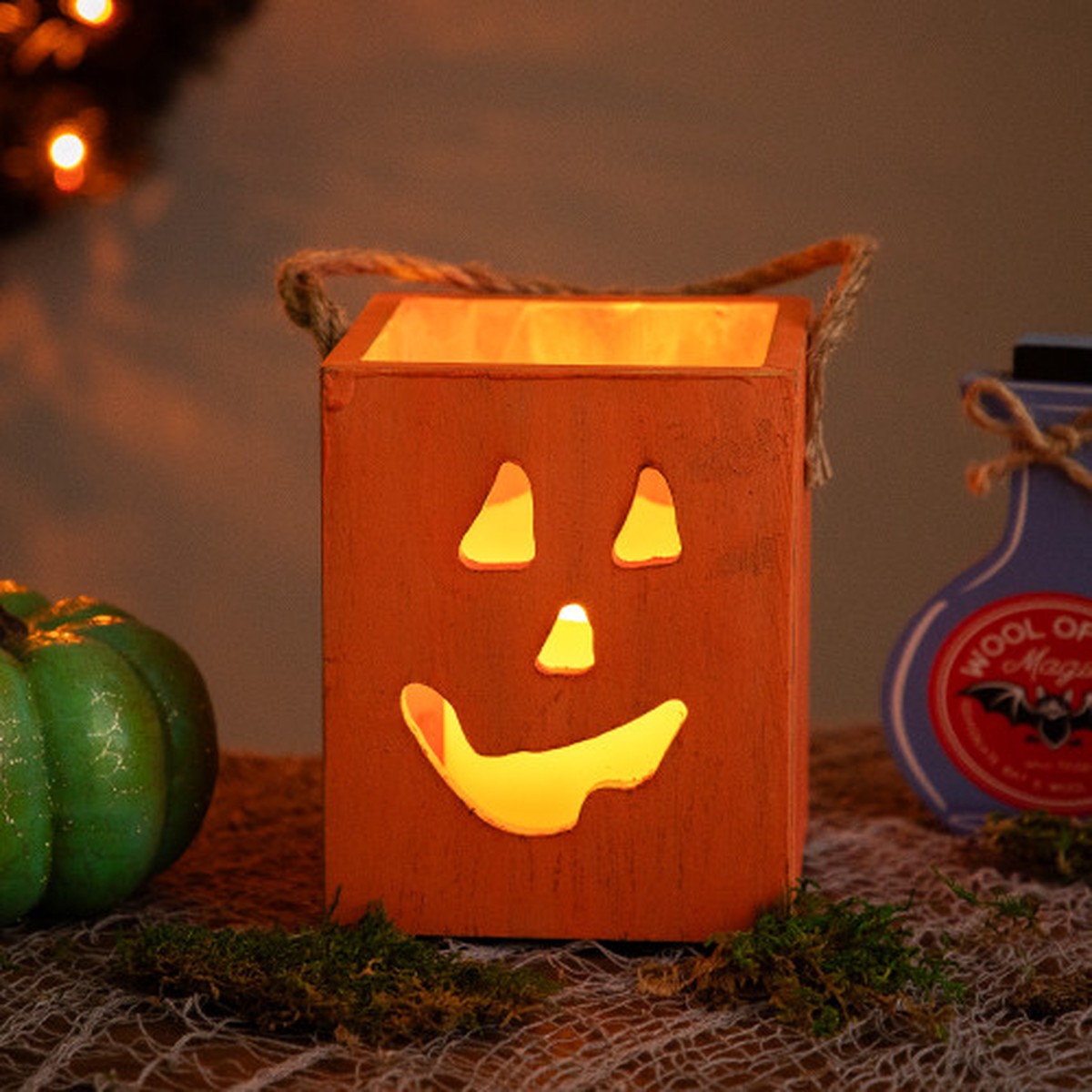 6.25" Small Orange Wood Jack O Lantern Halloween Candle Lantern