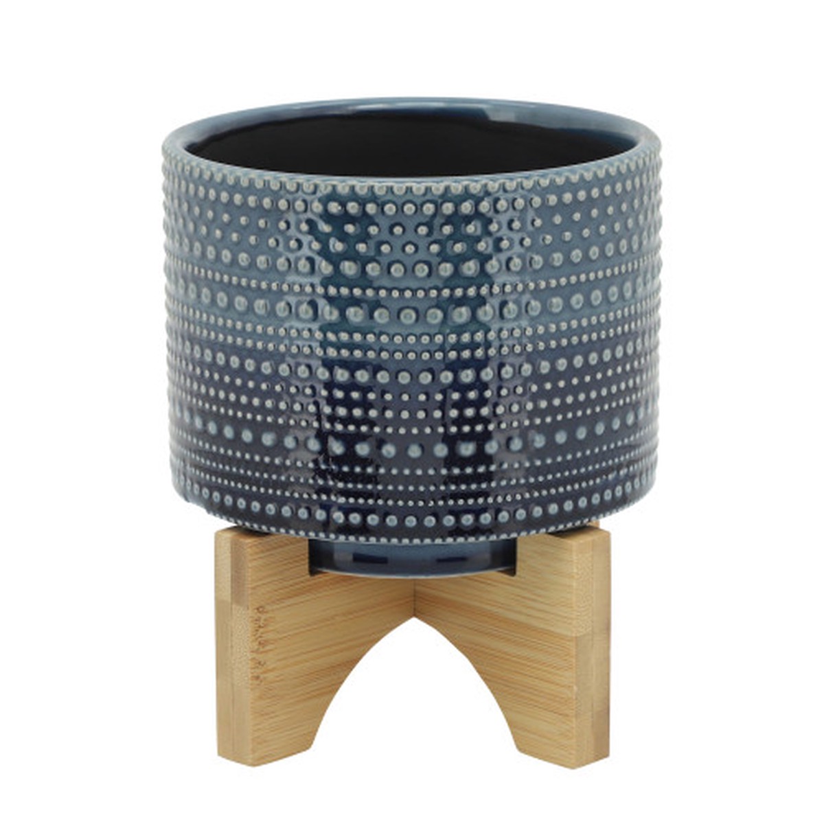 6" Blue and Brown Outdoor Ceramic Dotted Planter with Wood Stand