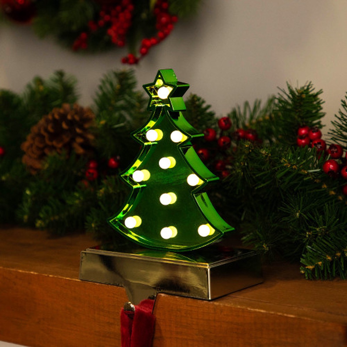 7" LED Lighted Shiny Christmas Tree Stocking Holder
