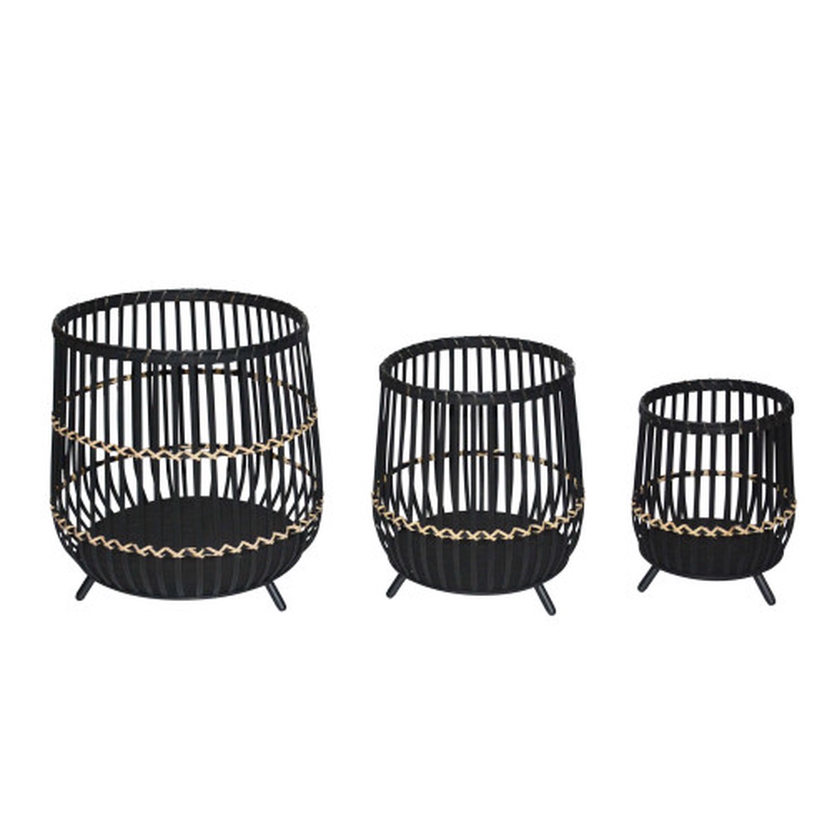 Bamboo Wooden Outdoor Footed Planters - 19" - Black and Beige - Set of 3