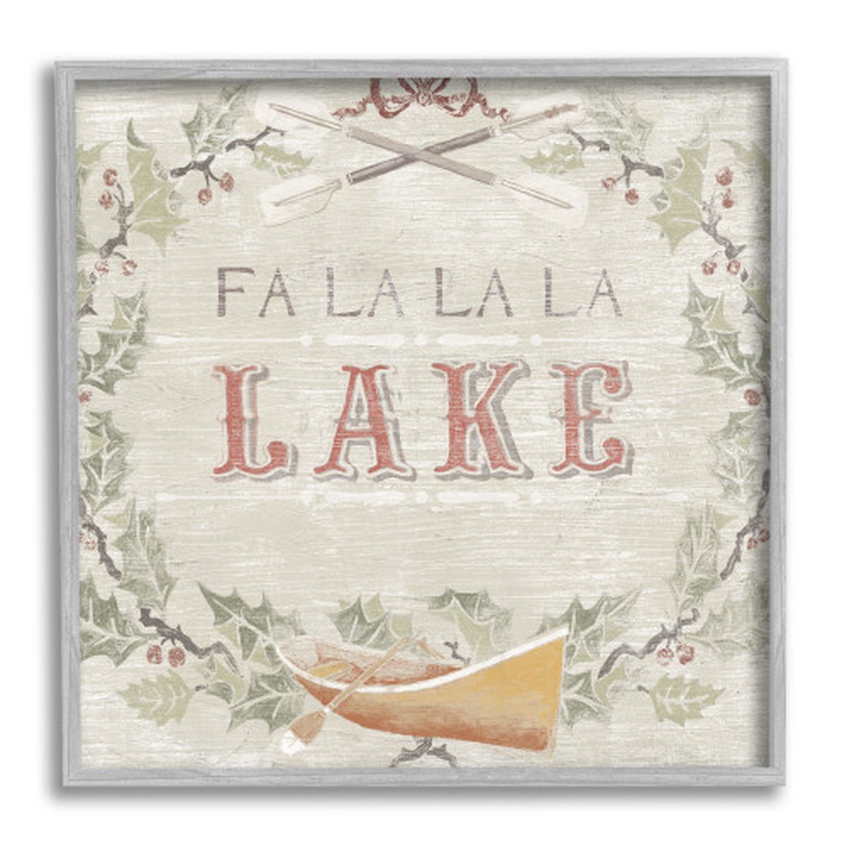 Beige and Gray "Fa La La Lake" Winter Holiday Wreath Framed Giclee Textured Christmas Wall Art 17"