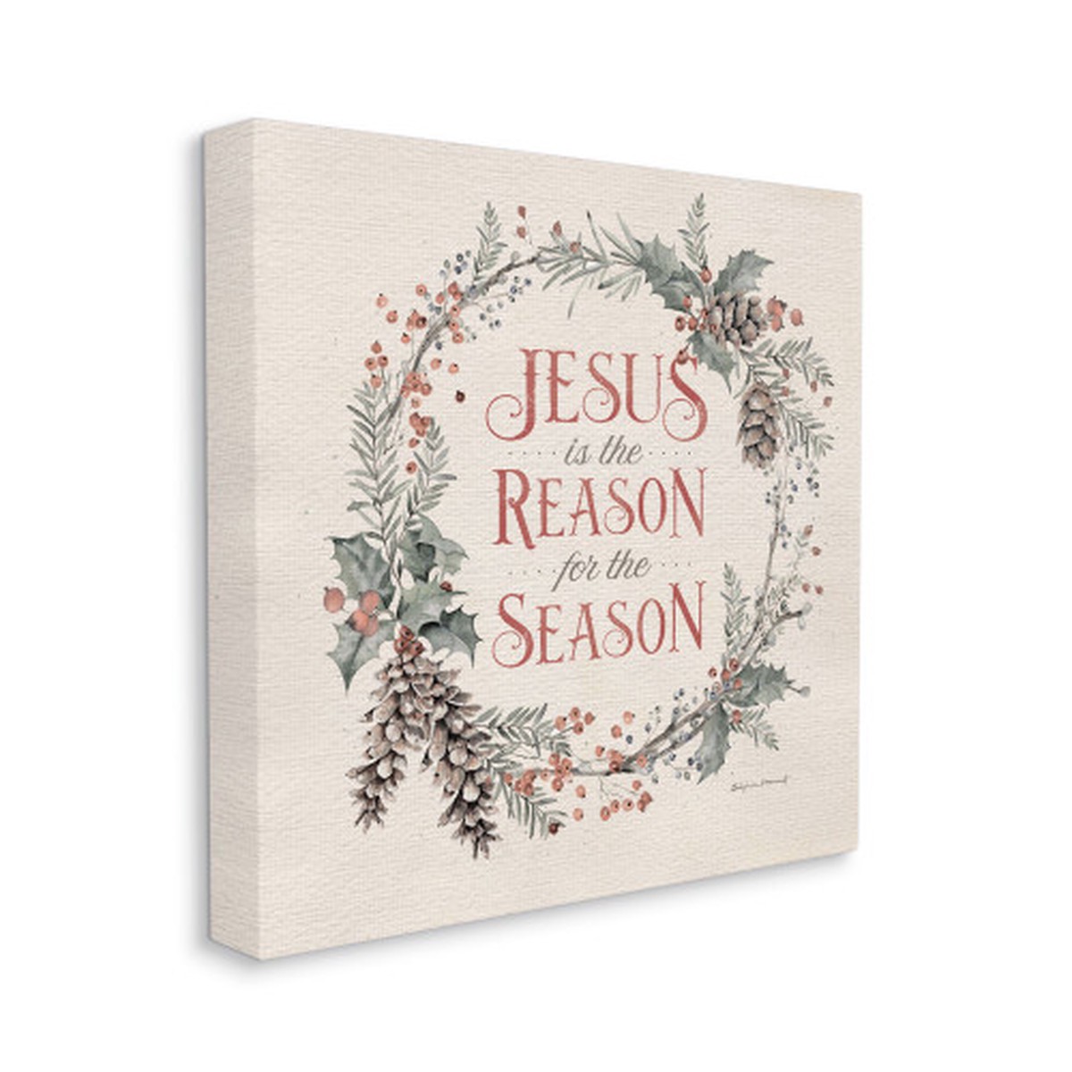 Beige and Green Jesus Reason for Season Wreath Christmas Square Canvas Wall Art Decor 17" x 17"
