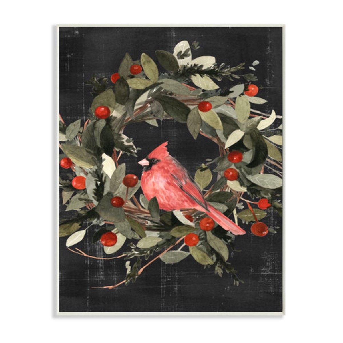 Black and Red Cardinal in Wreath Rectangular Christmas Wall Plaque Art Decor 15" x 10"