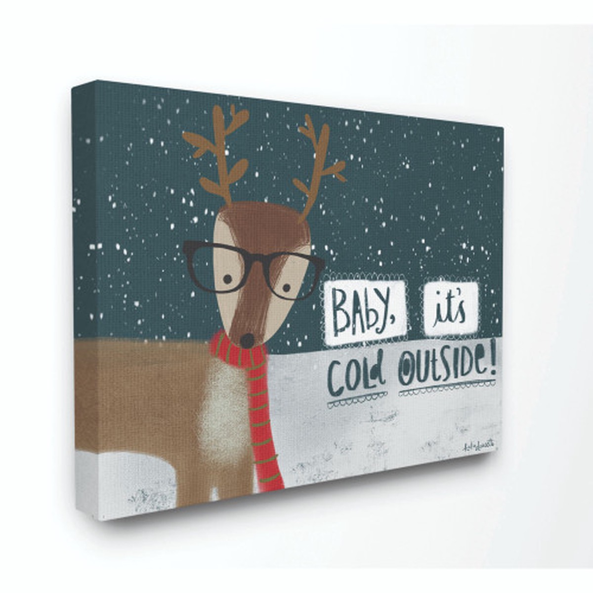 Blue and Brown Reindeer Winter Holiday Oversized Stretched Canvas Wall Art 24" x 30"