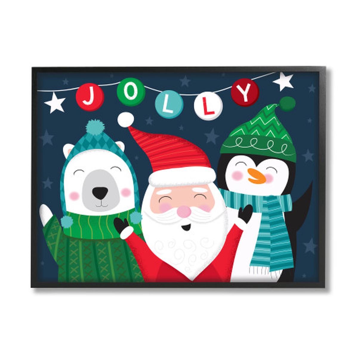 Blue and Red Jolly Santa Claus Penguin Christmas Rectangular Framed Wall Art 24" x 30"