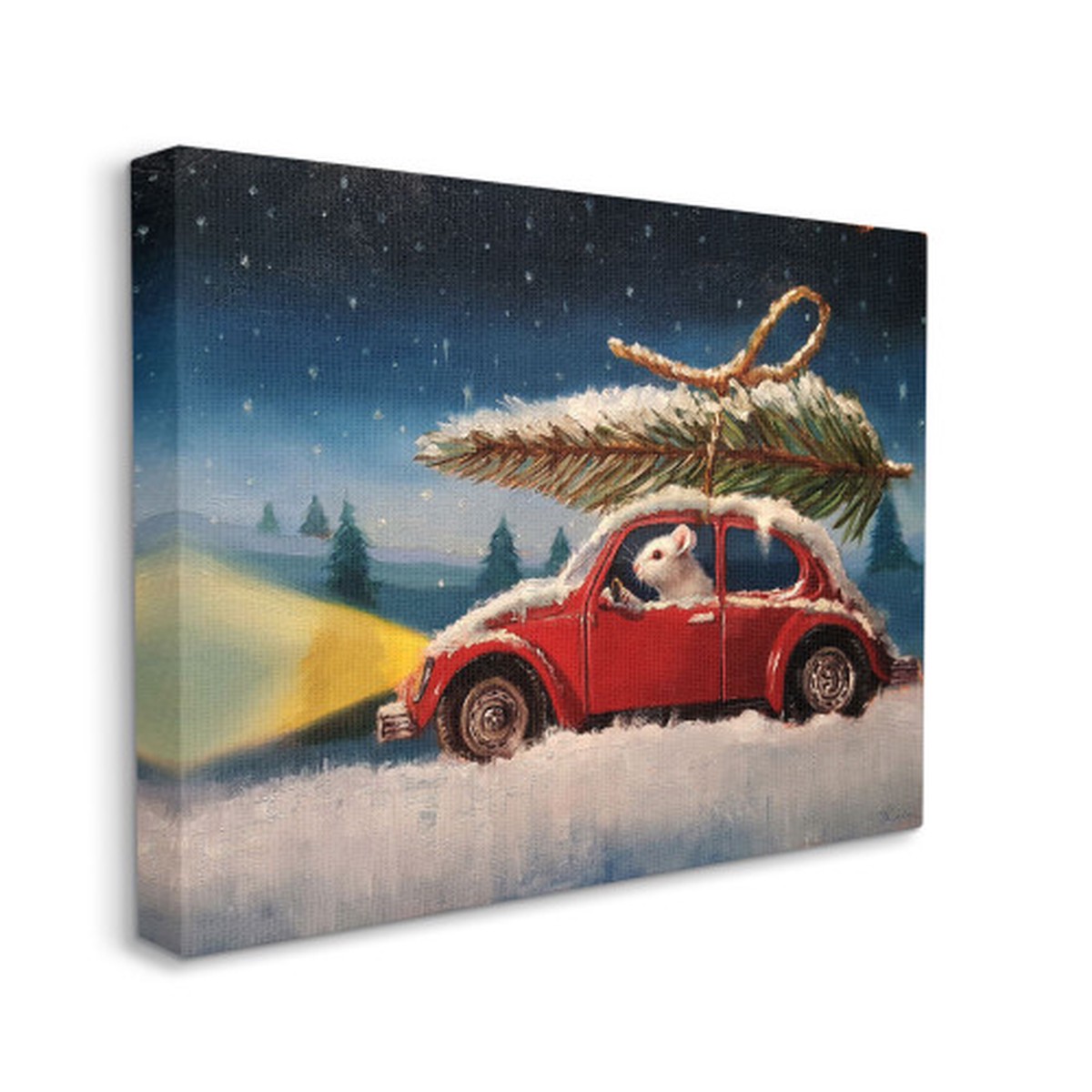 Blue and Red Mouse Driving Through Snow Christmas Tree Rectangular Canvas Wall Art Decor 48" x 36"