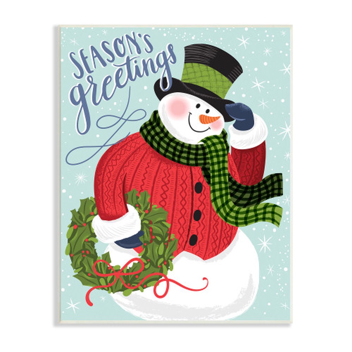 Blue and Red Season's Greetings Winter Holiday Snowman Rectangular Wall Plaque Art 13" x 19"