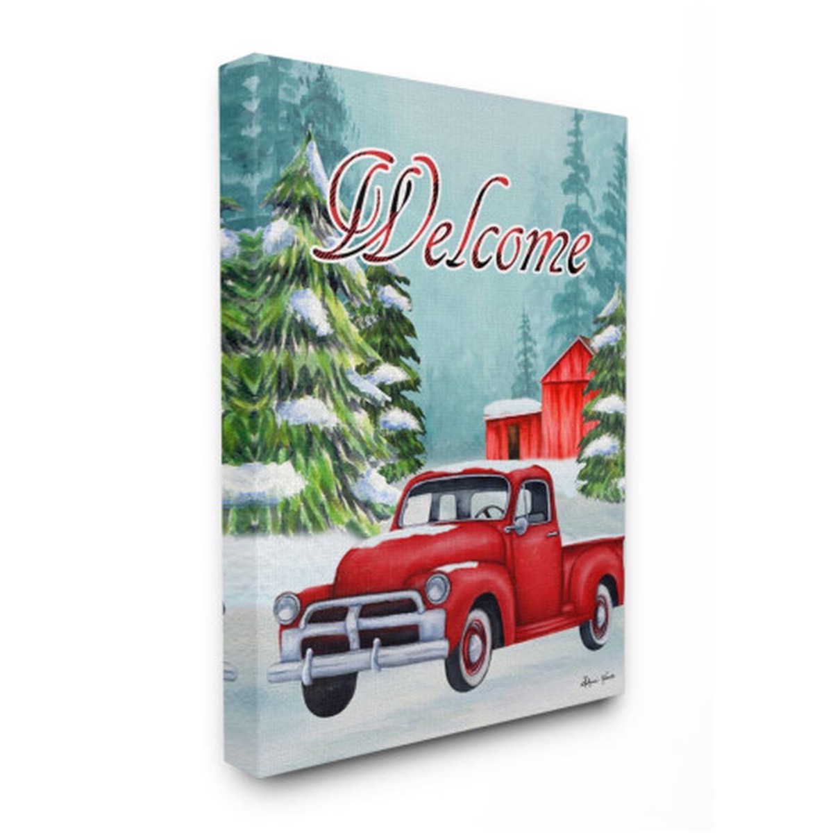 Blue and Red Winter Welcome Sign Red Truck Snow Barn Stretched Christmas Wall Art 40" x 30"