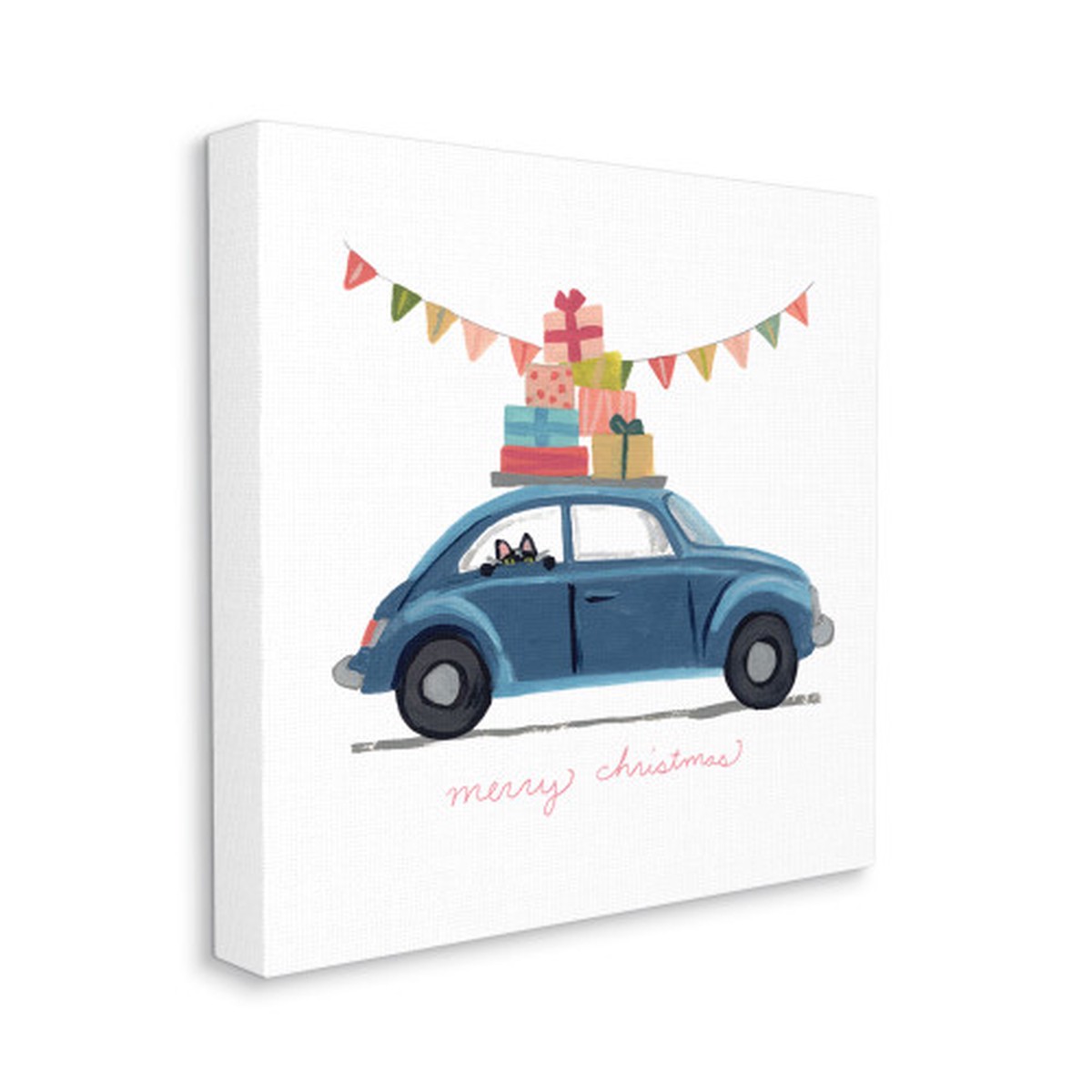 Blue and White Cat Car with Present Stack Stretched Christmas Wall Art 24"