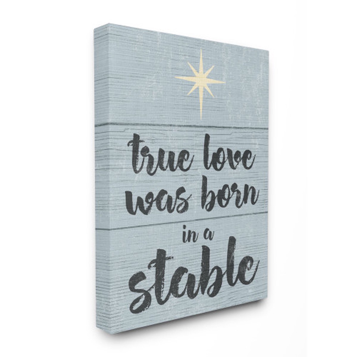 Blue and White "True Love was Born in a Stable" Stretched Christmas Wall Art 30" x 24"