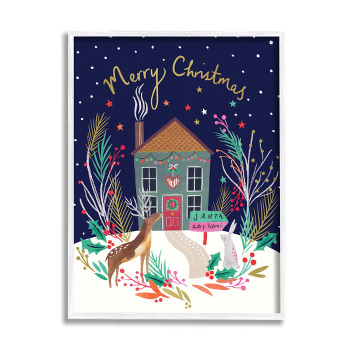 Blue Merry Christmas Family Home Reindeer Rectangular White Framed Wall Art 20" x 16"