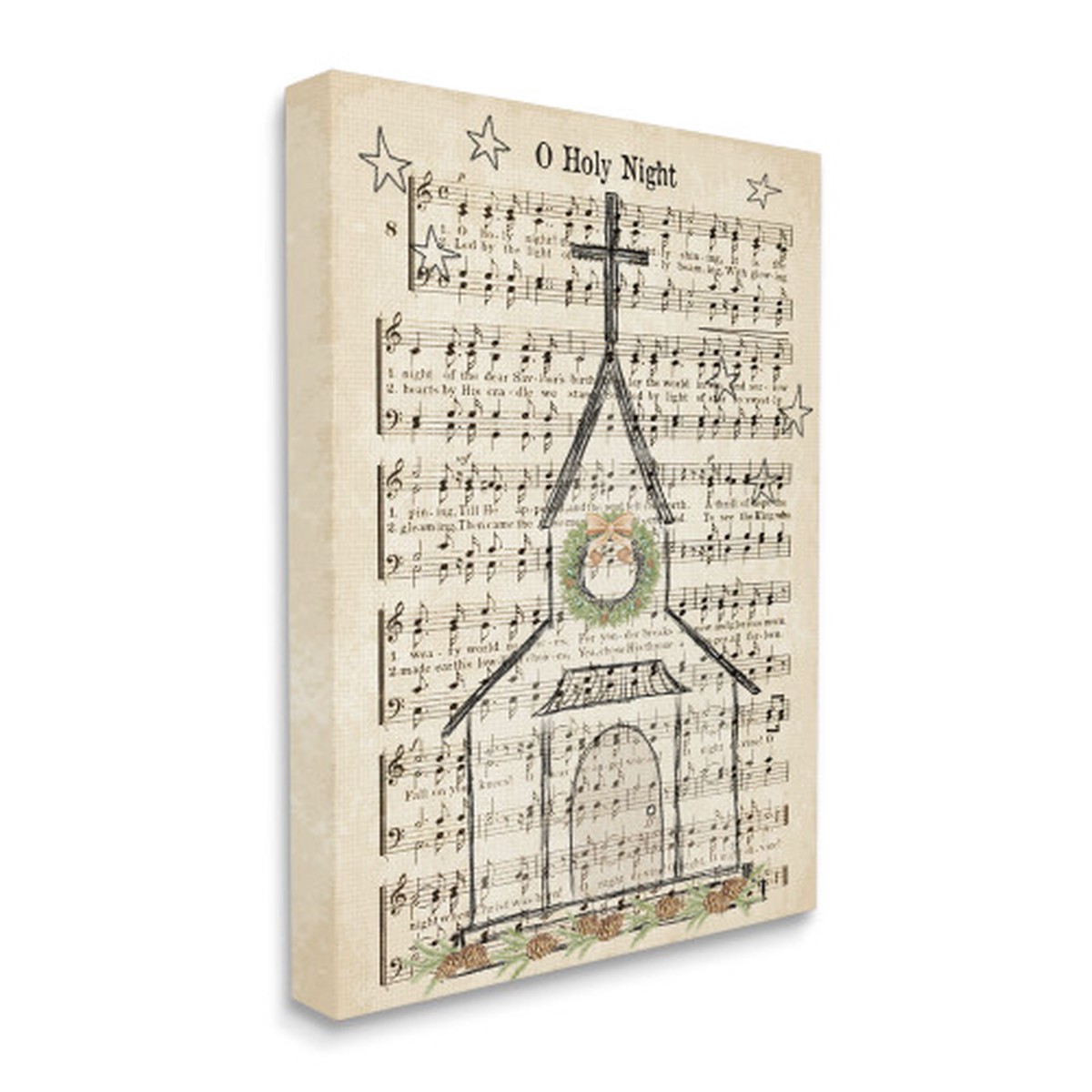Brown and Black Festive Winter Church Holy Night Musical Script Stretched Canvas Wall Art 40" x 30"