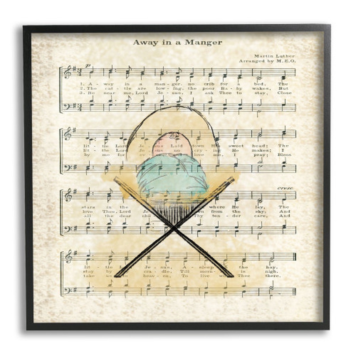 Brown and Blue Baby Jesus Cradle Musical Script Black Framed Wall Art 12" x 12"