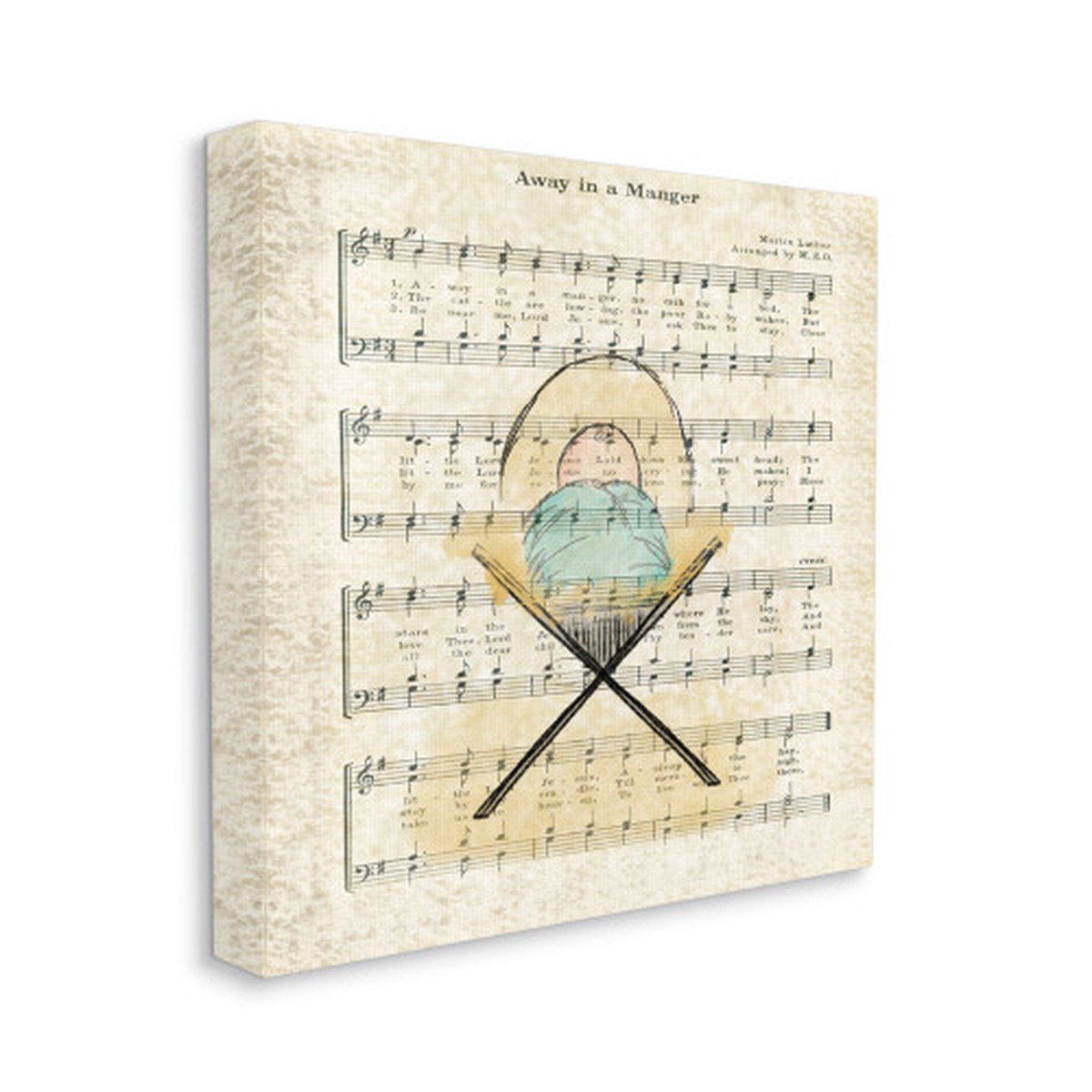 Brown and Blue Baby Jesus Cradle Musical Script Stretched Canvas Wall Art 17" x 17"