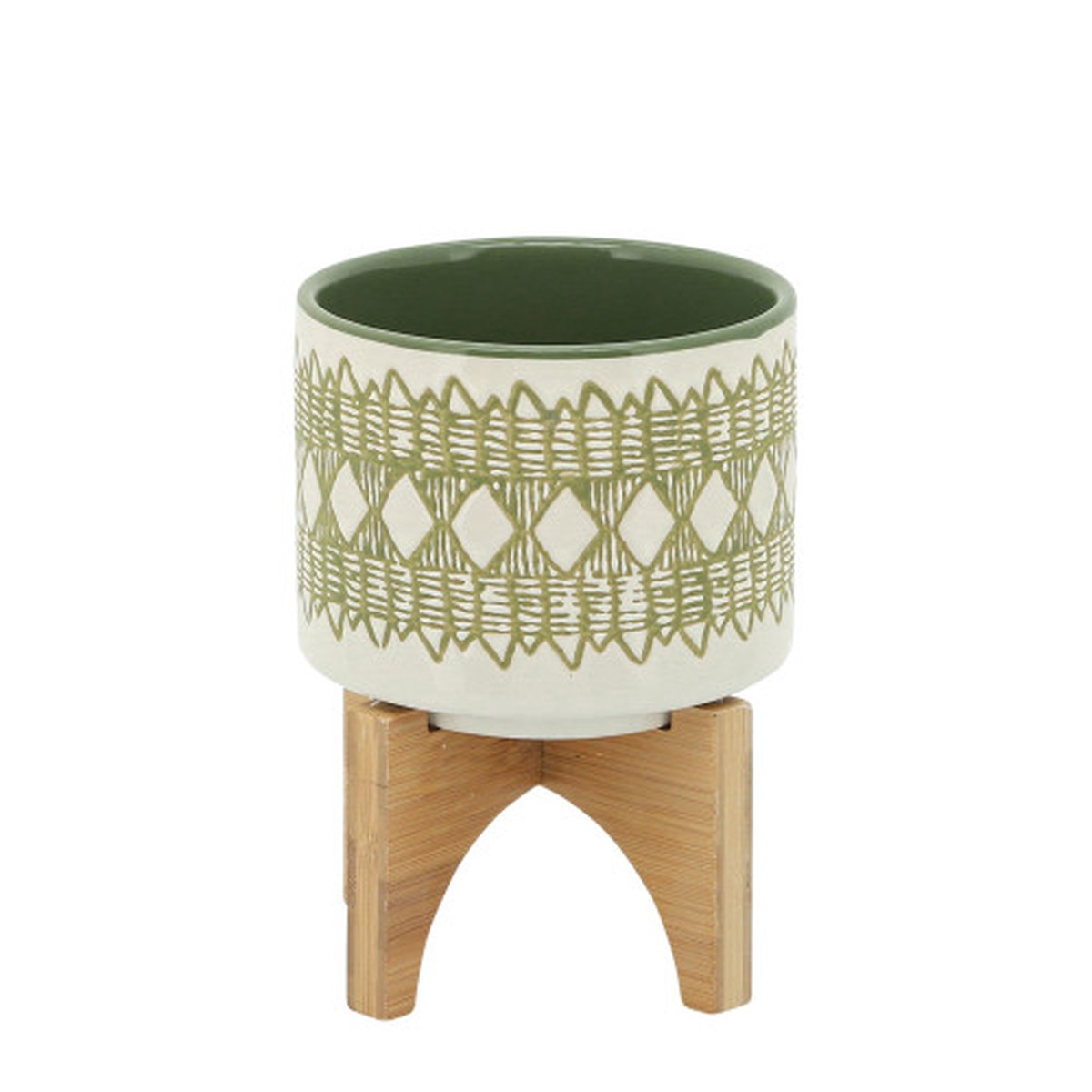 Ceramic Aztec Planter with Stand - 6" - Green and Brown