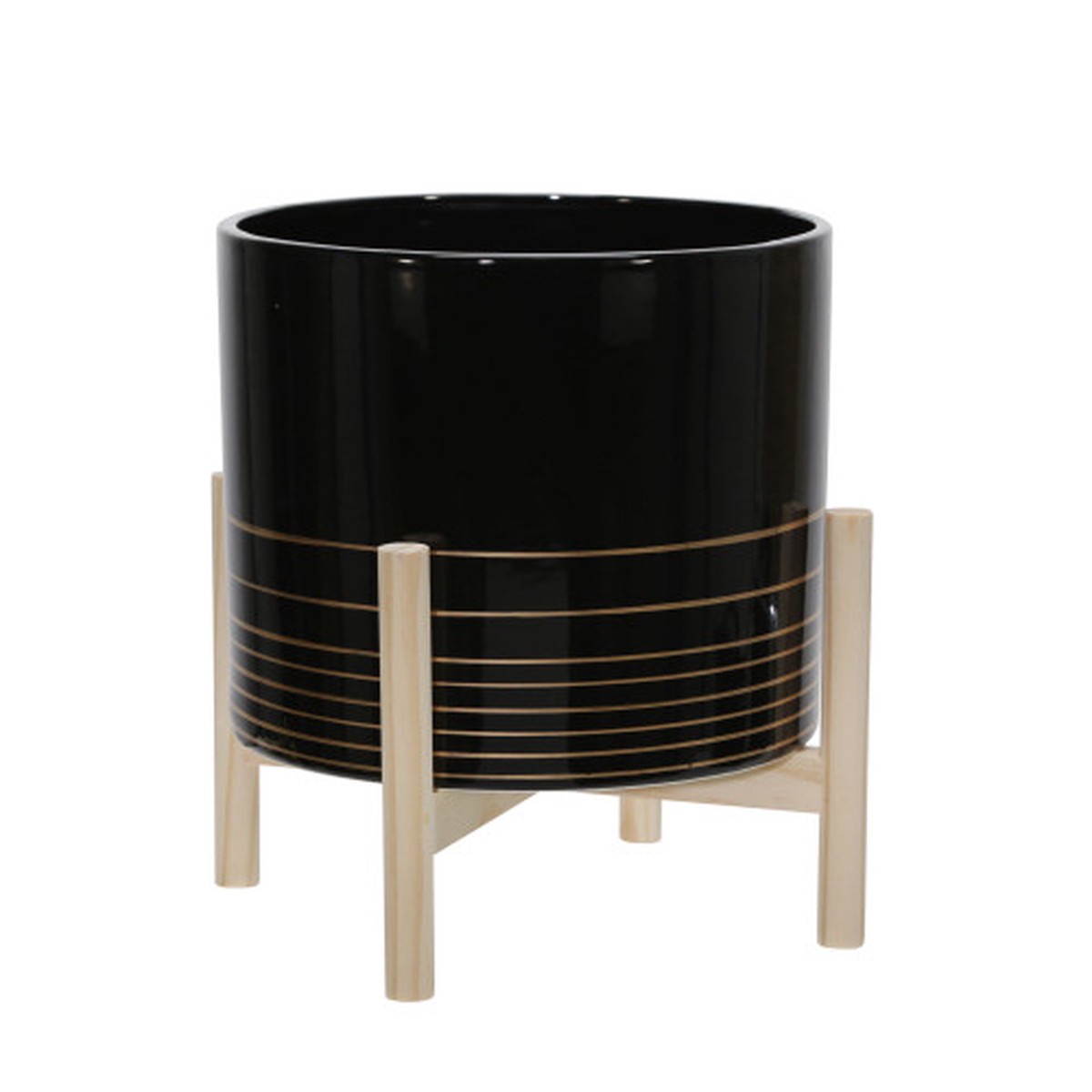 Ceramic Planter with Wood Stand - 12" - Black and Brown