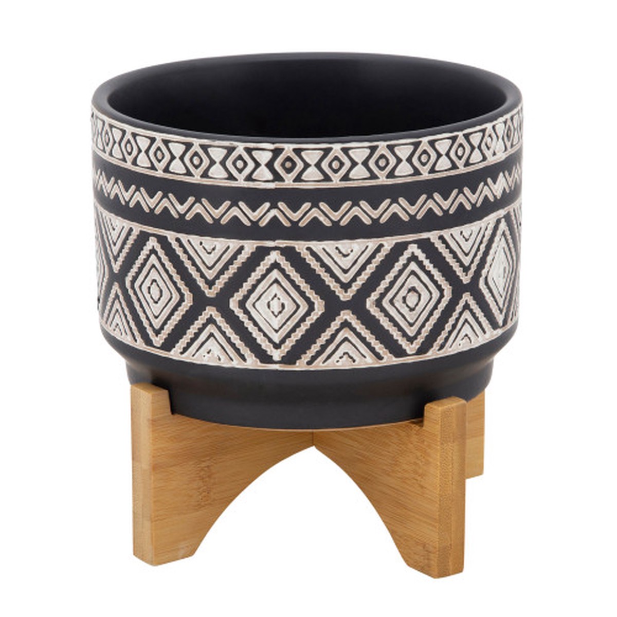 Diamond Ceramic Planter on Stand - 8" - Black and Brown