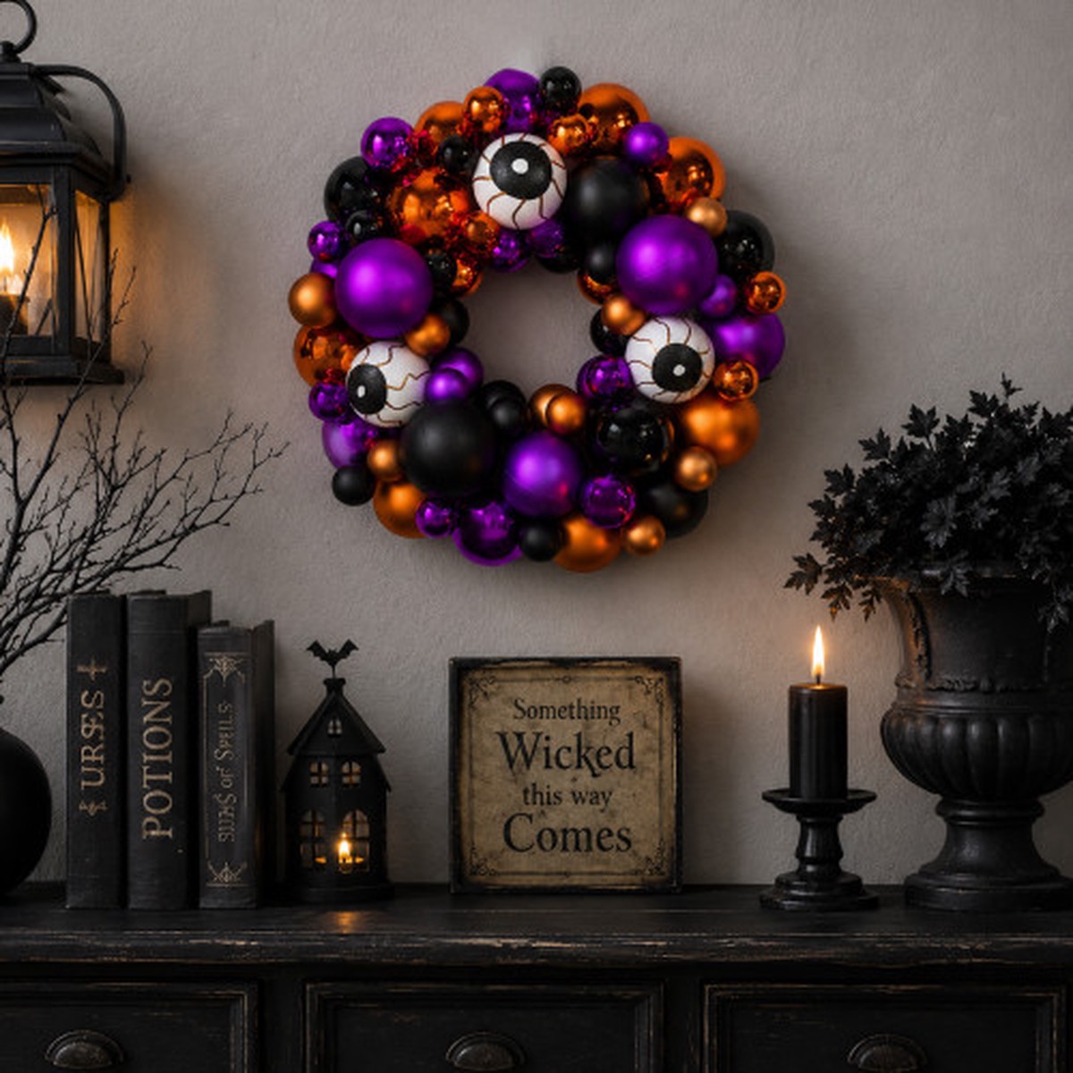 Eyeballs and Shatterproof Ornaments Small Halloween Wreath - 13" - Purple and Black - Unlit