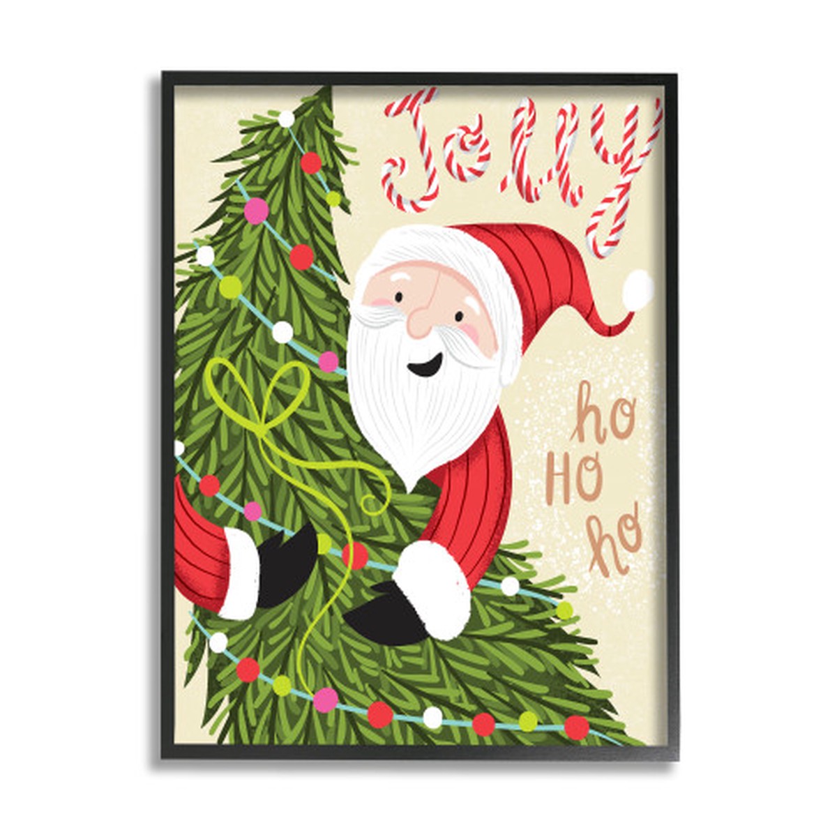 Green and Beige Jolly Santa Claus Christmas Tree Framed Giclee Texturized Wall Art Decor 20" x 16"