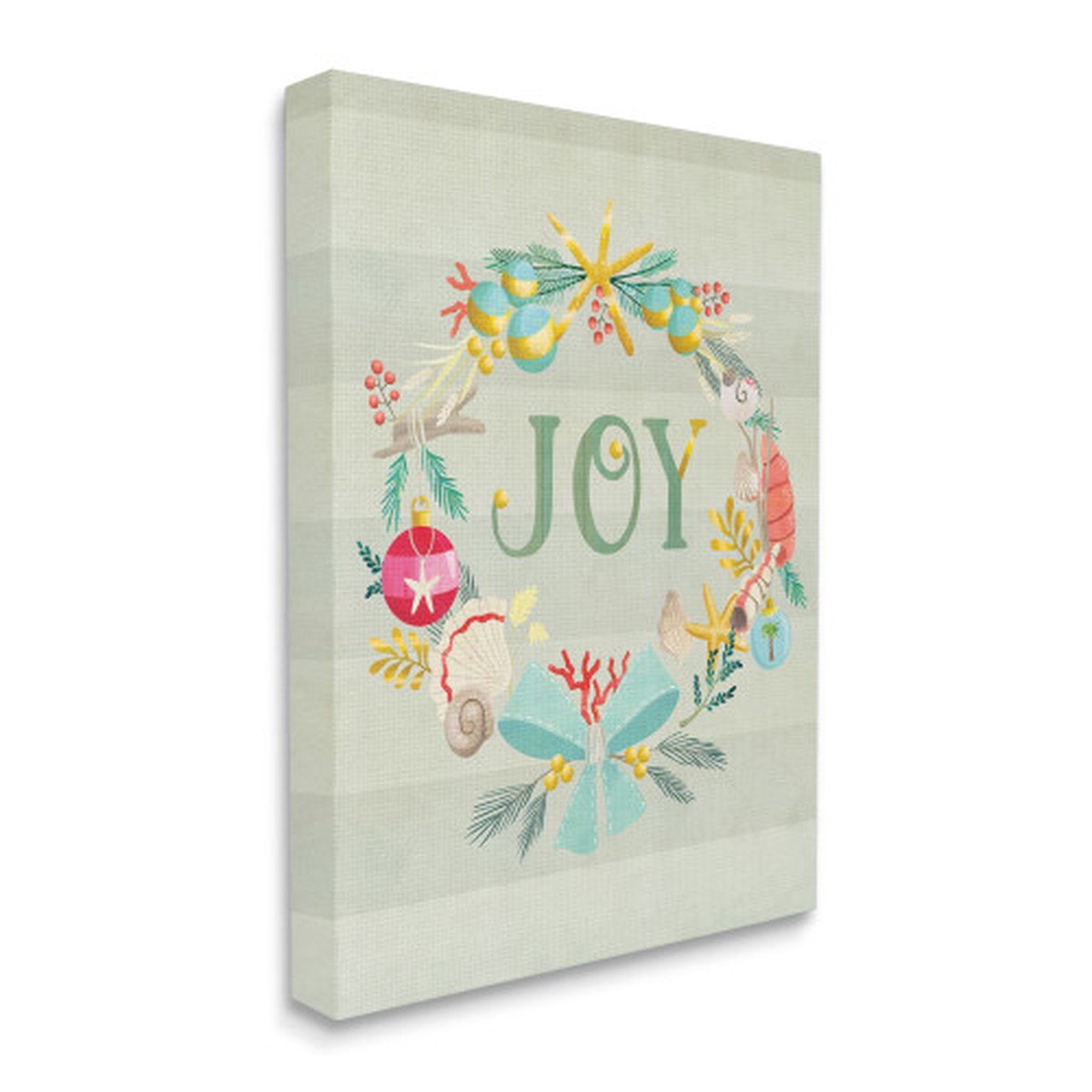 Green and Blue Nautical Wreath Joy Sentiment Stripes Rectangular Canvas Wall Art 30" x 24"