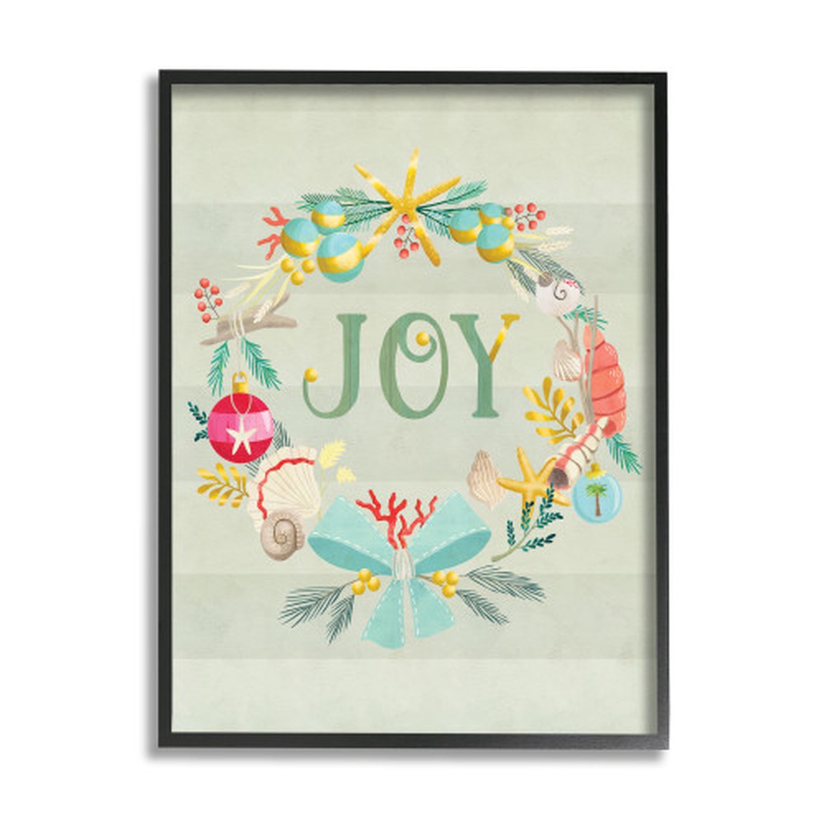 Green and Blue Nautical Wreath Joy Sentiment Stripes Rectangular Framed Wall Art 20" x 16"