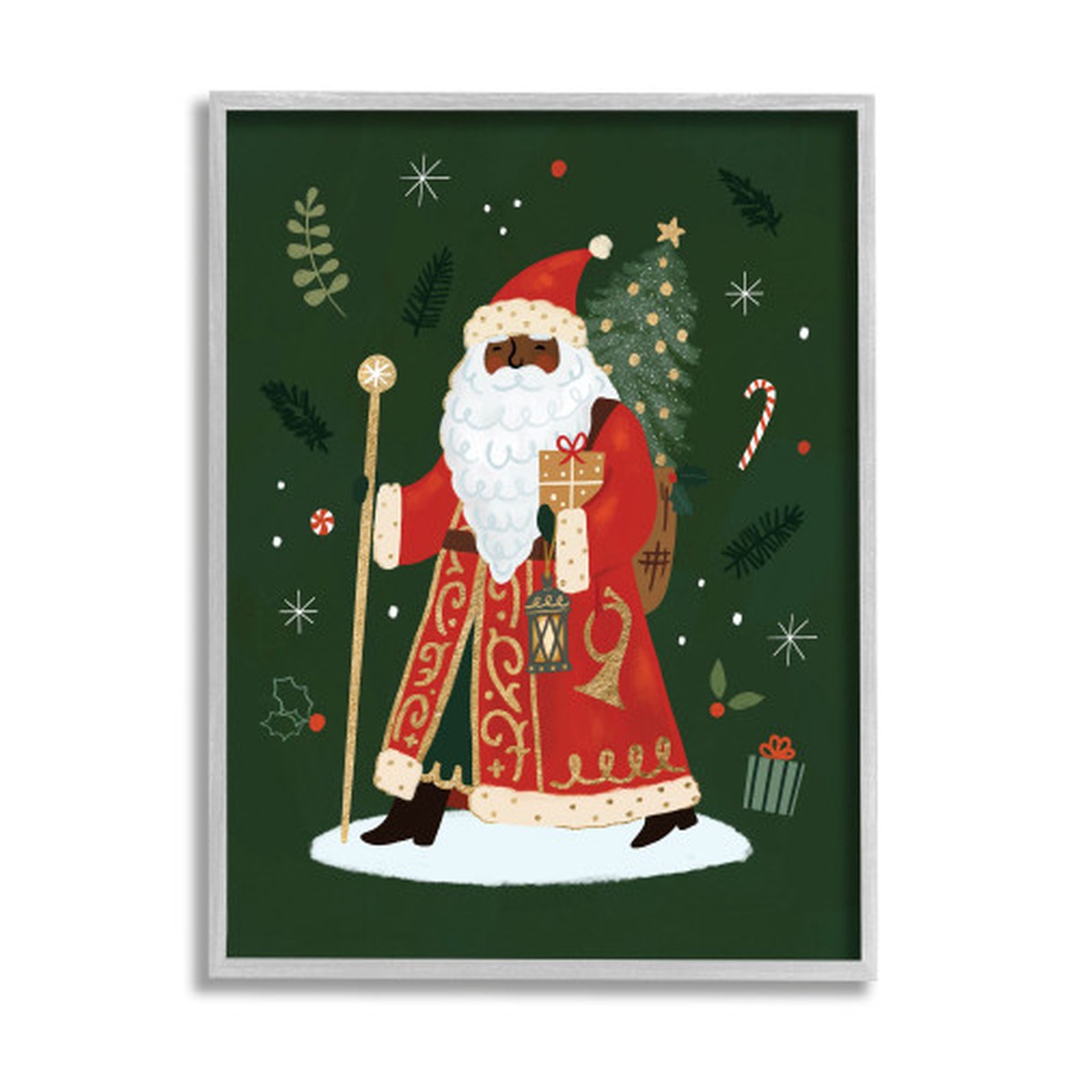 Green and Gray Santa Claus Holiday Framed Giclee Texturized Christmas Wall Art 20" x 16"
