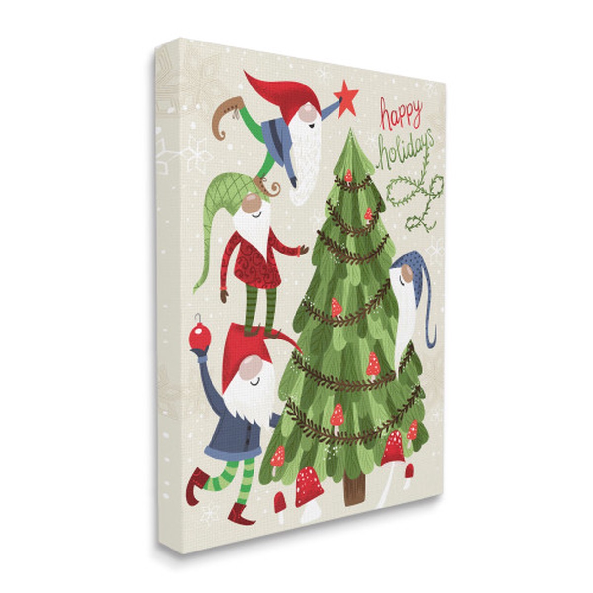 Green and Red Happy Holidays Christmas Gnomes Tree Rectangular Canvas Wall Art 20" x 16"