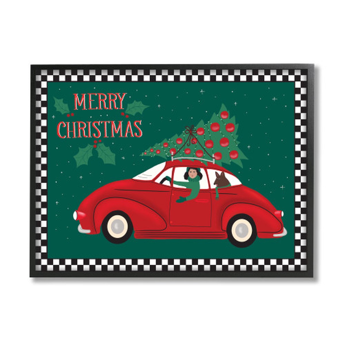 Green and Red "Merry Christmas" Woman in Car Framed Wall Art Decor 16" x 20"