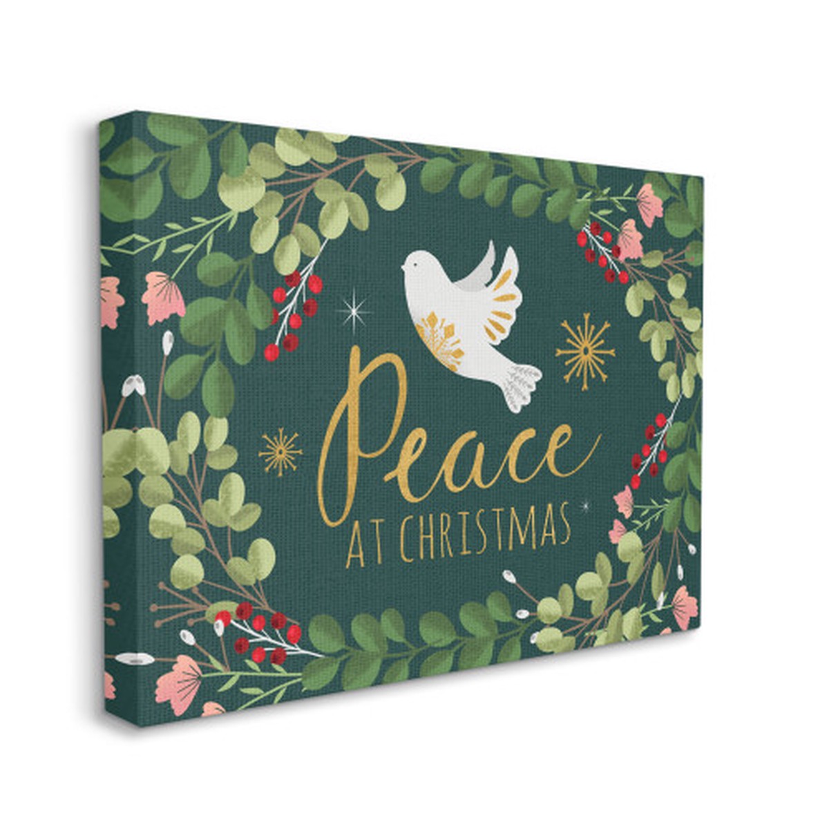 Green and Red Peace At Christmas Phrase Dove Rectangular Canvas Wall Art 48" x 36"