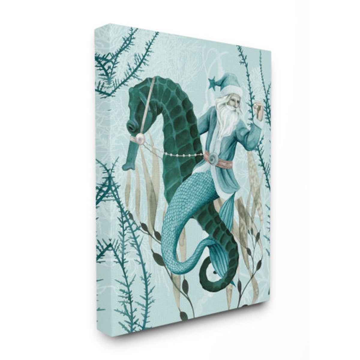 Green and White Sea Santa Ocean Rectangular Christmas Canvas Wall Art Decor 48" x 36"