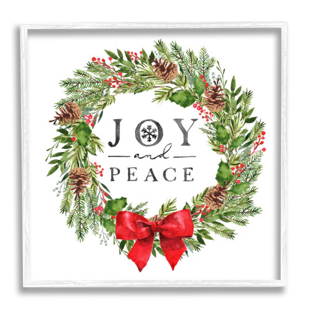 Green Joy and Peace Pine Wreath White Framed Square Wall Art 12" x 12"