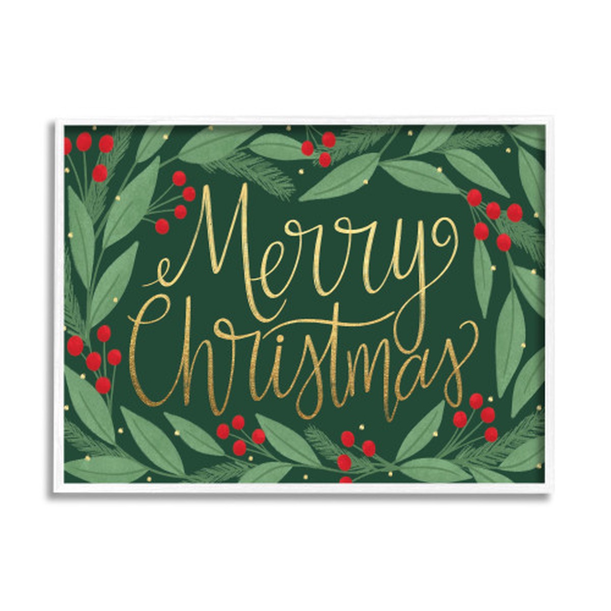 Green Merry Christmas Festive Chic Rectangular White Framed Wall Art 30" x 24"