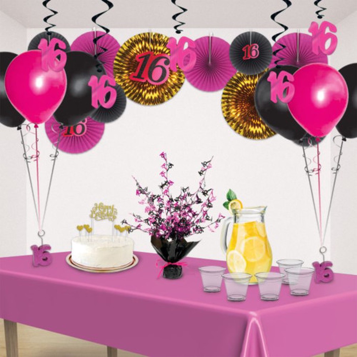 Metallic Sweet 16 Birthday Party Centerpiece - 15" - Black and Pink - Pack of 12