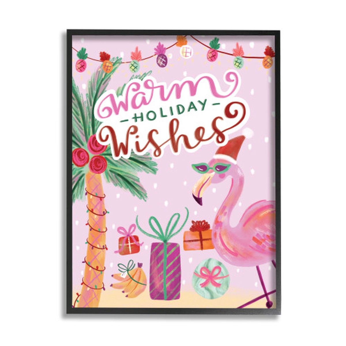 Pink and White Warm Holiday Wishes Phrase Flamingo Rectangular Framed Wall Art 30" x 24"