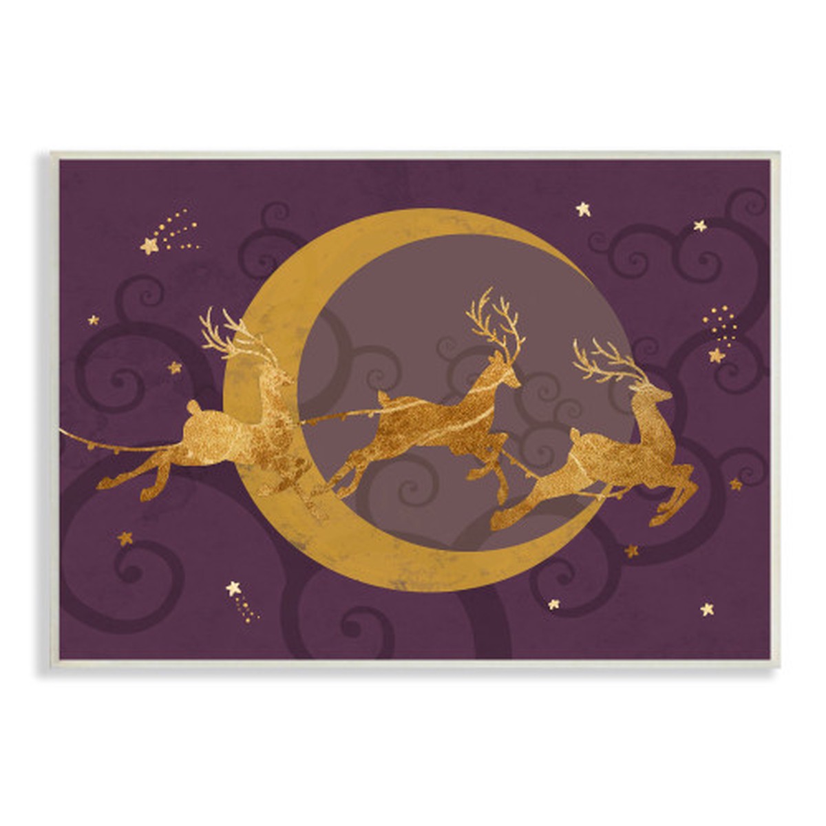 Purple and Gold Reindeers Flying Over Crescent Moon Christmas Wall Plaque Art 10" x 15"