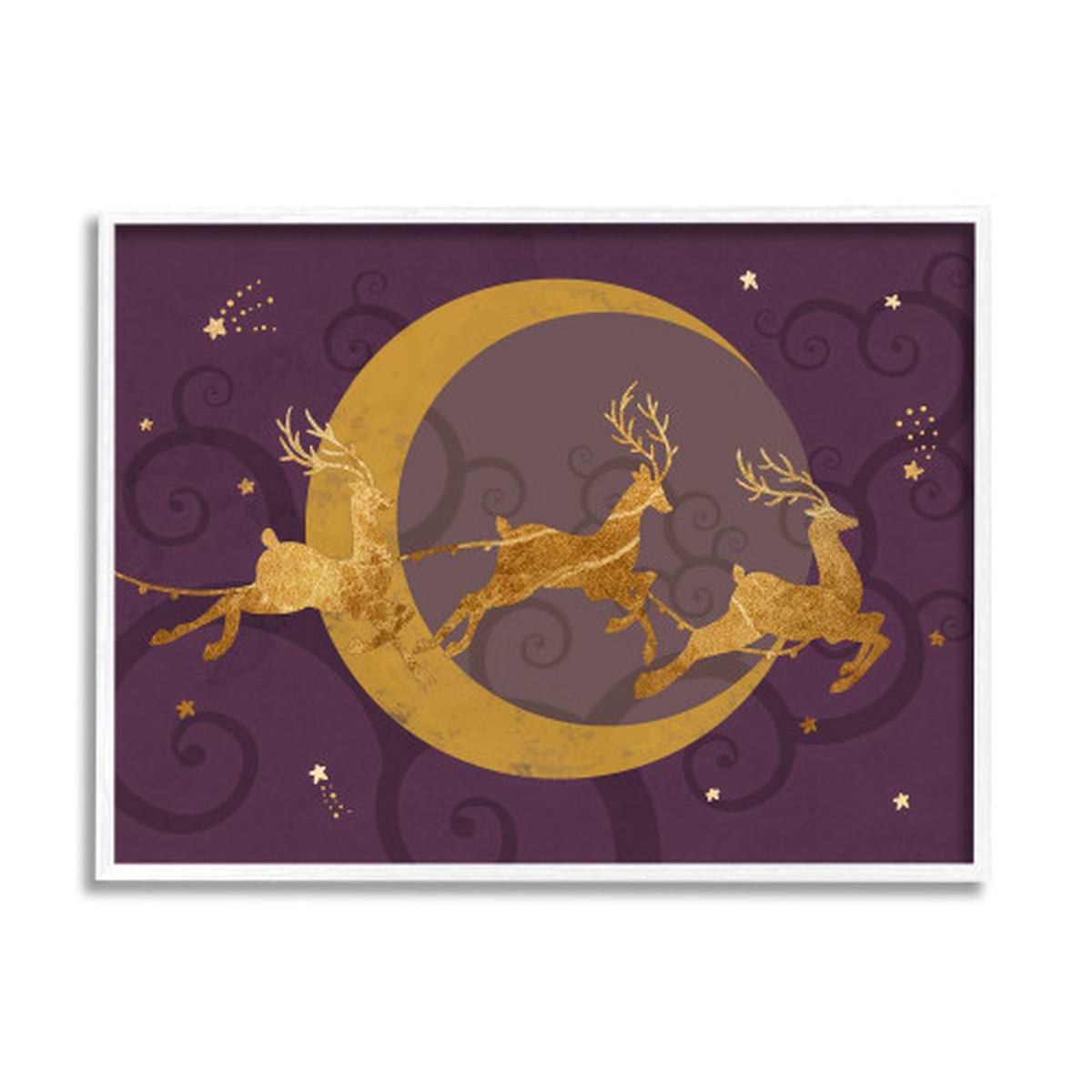 Purple and White Reindeers Flying Over Crescent Moon Framed Christmas Wall Art 16" x 20"