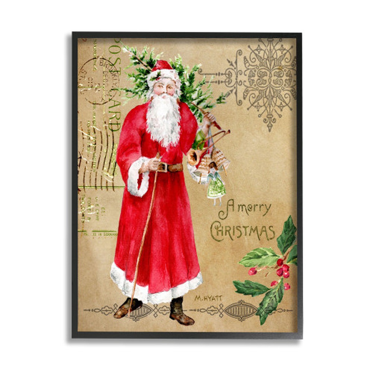 Red and Black Vintage Santa Claus Postal Framed Giclee Texturized Christmas Wall Art 20" x 16"