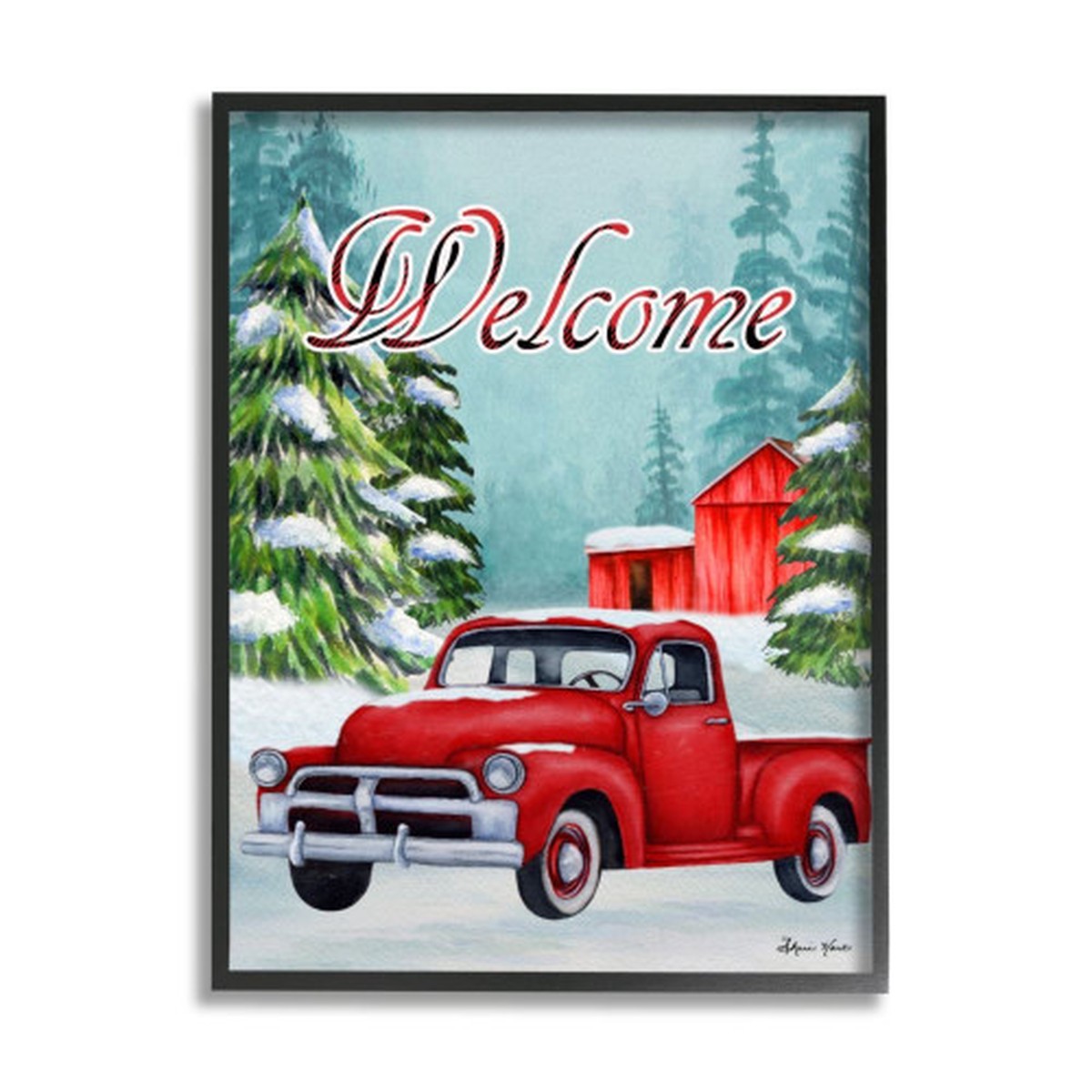 Red and Black Winter Welcome Sign Truck Snow Barn Framed Christmas Wall Art 20" x 16"