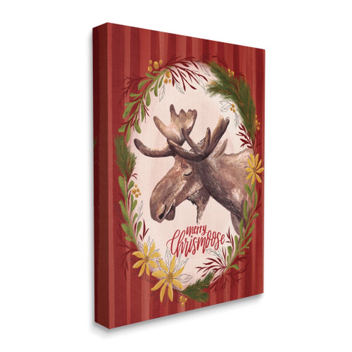 Red and Brown Merry Christmas Moose Holiday Wreath Stretched Wall Art 20" x 16"