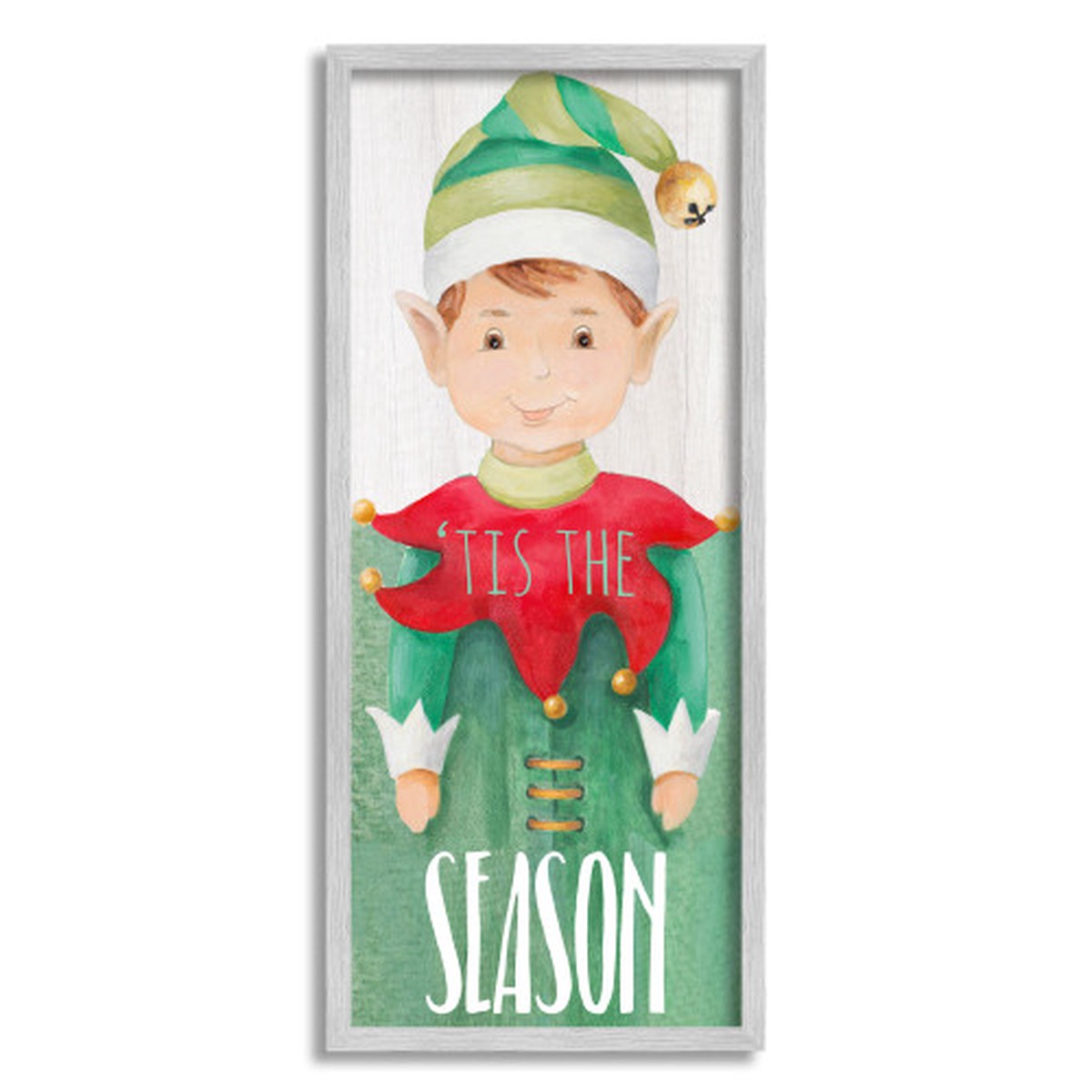Red and Green Elf with Bell Hat Christmas Gray Framed Wall Art 24" x 10"