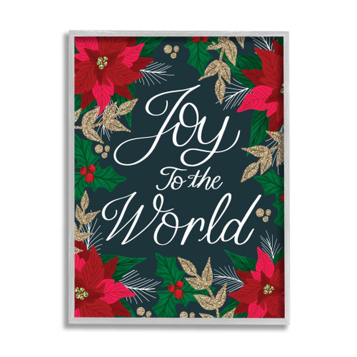 Red and Green Festive Poinsettia Florals Gray Framed Wall Art 20" x 16"