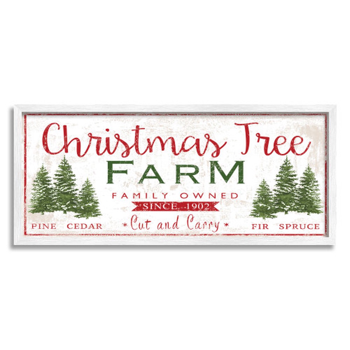 Red and Green Vintage Christmas Tree Farm Sign White Framed Wall Art 10" x 24"