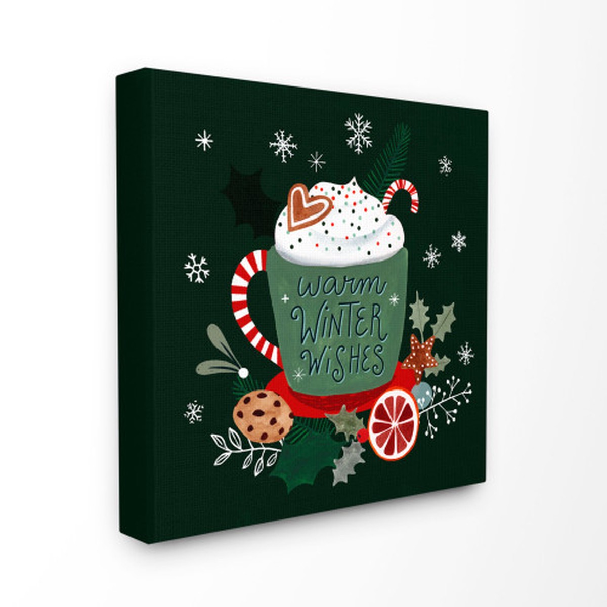 Red and Green Warm Winter Wishes Mug Stretched Canvas Wall Art 17" x 17"