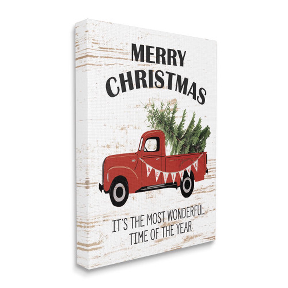 Red and White Merry Christmas Truck XXL Stretched Canvas Wall Art 40" x 30"