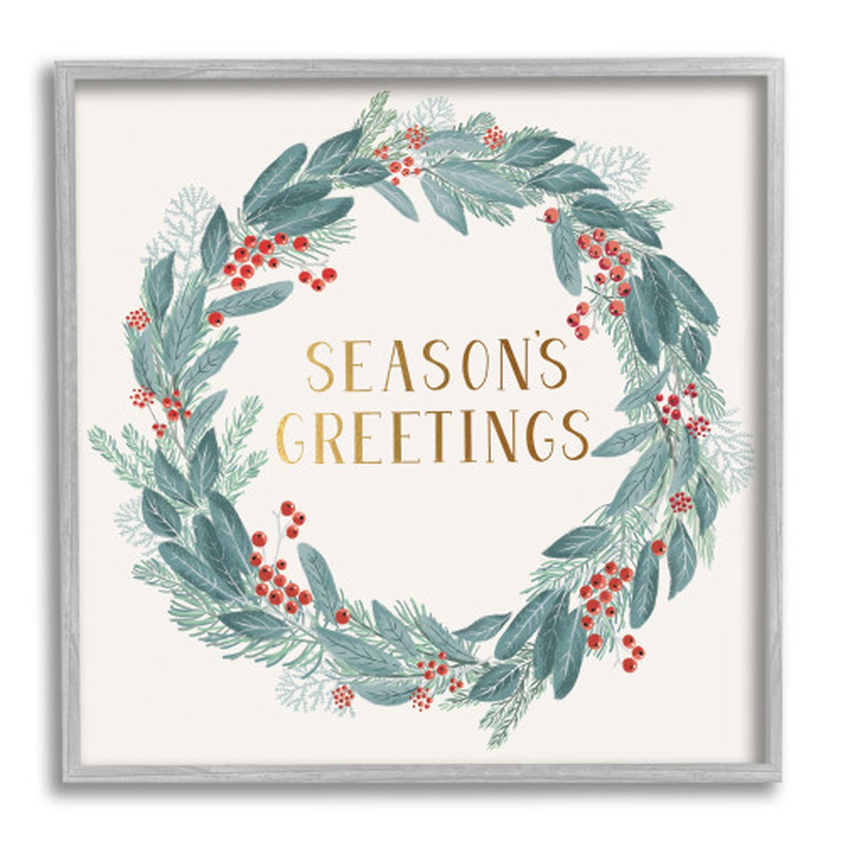 Red and White Winter Foliage Holly Wreath Gray Framed Wall Art 12" x 12"