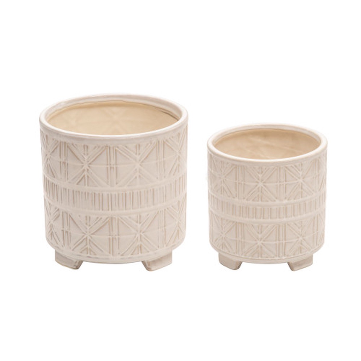 Set of 2 Ivory and Beige Abstract Round Ceramic Footed Planters 8"